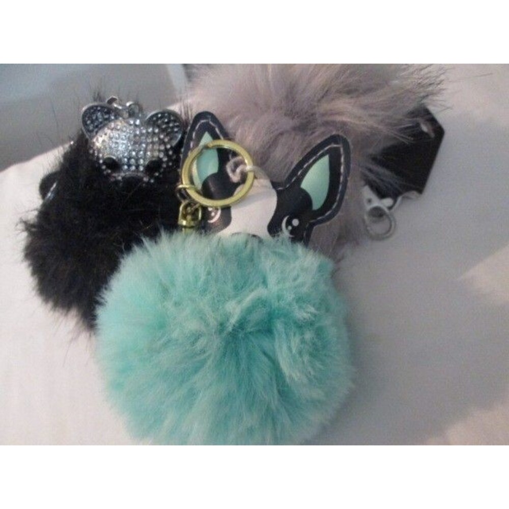 SET OF 3 PUFF BALL KEYCHAINS KEYRING RHINESTONE TEDDY BEAR, BULLDOG, GREY